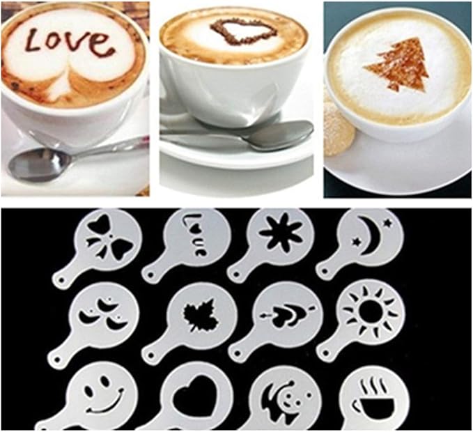 JinYu Coffee Art Maker Set, 16 Pieces Coffee Decorating Stencils Barista Template +1 Latte Pen + 2 Pack Spiral Pattern Mixing Spoon Fork 2 in 1 for Mousse Cake Birthday Party Bar Espresso (19 Pcs)