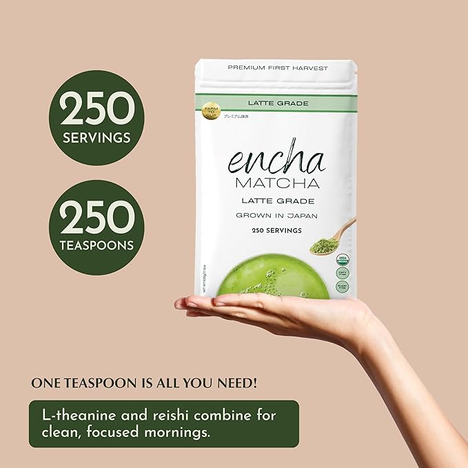 Encha Latte Grade Matcha Powder - First Harvest Organic Unsweetened Matcha Green Tea, From Uji, Japan (500g / 1lb) Premium Powder for matcha Latte, Smoothie | Caffeine, L-Theanine