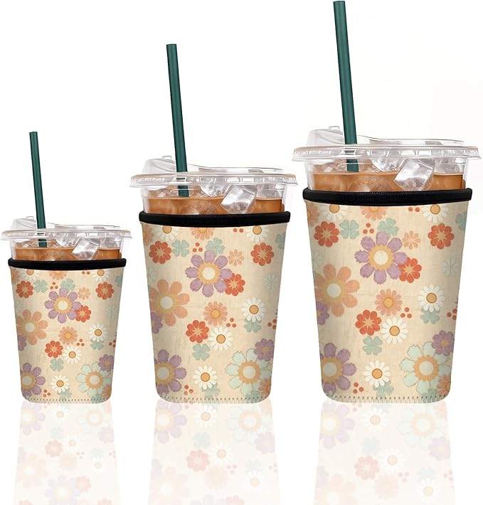 Neoprene Iced Coffee Sleeve 3 Pack, Reusable Insulated Cup Holder with Vintage Floral Pattern, Fits 16–32 oz Tumblers, Compatible with Starbucks & Dunkin