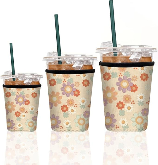 Neoprene Iced Coffee Sleeve 3 Pack, Reusable Insulated Cup Holder with Vintage Floral Pattern, Fits 16–32 oz Tumblers, Compatible with Starbucks & Dunkin