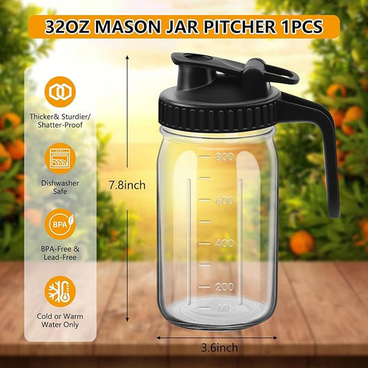 1Pc Wide Mason Jar Pitcher,32oz Glass Pitcher with Lid Double Leak-proof with Handle Water Jug Wide Mouth Breast Milk Fridge Container for Water, Juice (32oz Black)
