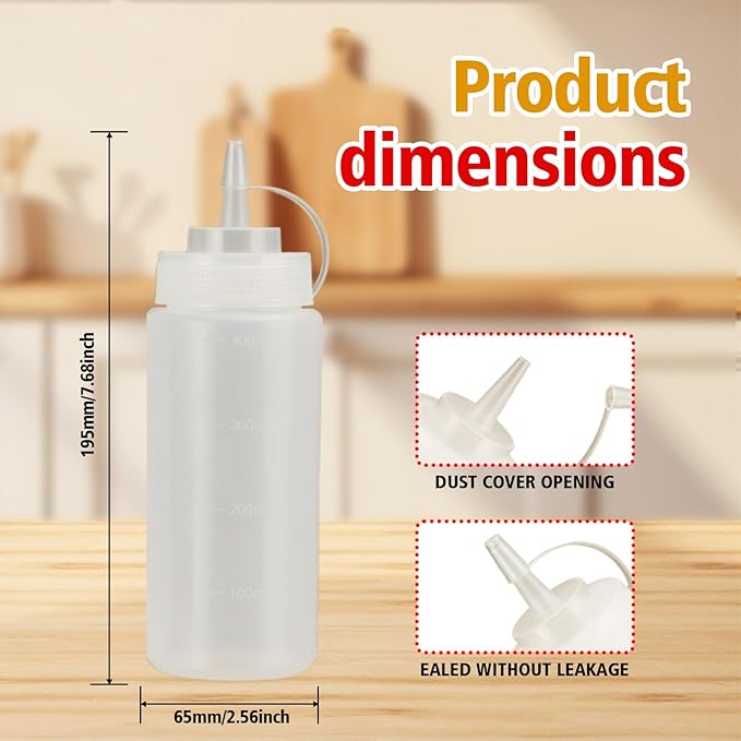 Squeeze Bottles for Sauces,Leak-Proof Condiment Dispenser, BPA-Free Kitchen Restaurant Squeeze Bottle Set with Wide Mouth for Ketchup, Mustard,Syrup,Dressings (White, 6Pack-16oz(400ml))