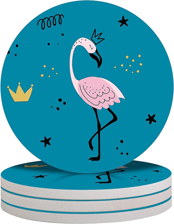 4-Piece Round Absorbent Ceramic Coaster Set with Cork Base – Durable Drink Coasters for Mugs, Cups, and Tabletop Protection (Crown Flamingo)