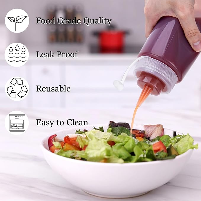 Katfort Condiment Squeeze Bottles Ketchup Dispenser, 4 Pack 16oz Squeeze Bottles for Liquids, Plastic Sauce Bottle with Cap Lid, Squirt Bottles for Sauces Liquids BBQ Dressing Pancake Art