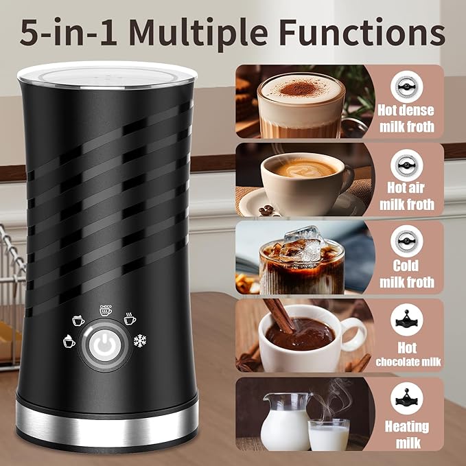 SEEDEEM Milk Frother, 5 in 1 Electric Milk Frother and steamer, Automatic Hot And Cold Foam Maker with 2 Whisks for Coffee, Latte, Cappuccino, Hot Chocolate, Black