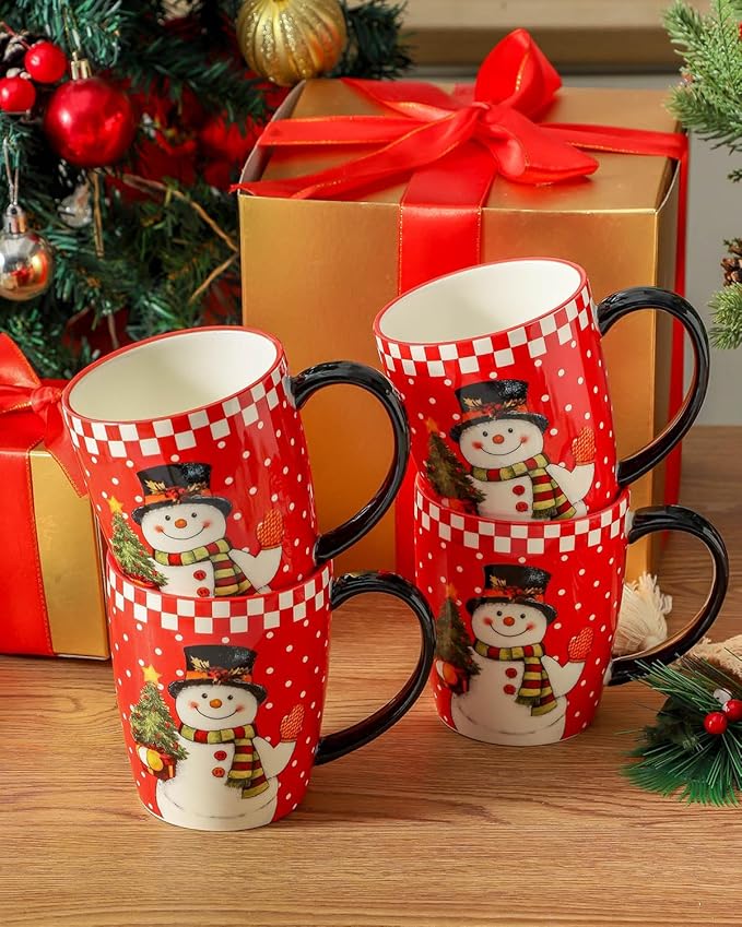 HASENSE Coffee Mugs Set of 4, 16 Oz Festive Holiday Cups for Cocoa & Latte with Big Handle, Large Modern Ceramic Coffee Mugs Microwave & Dishwasher Safe, Ideal Christmas Gift