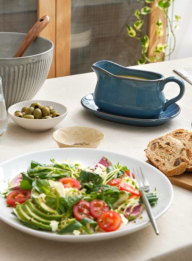 LE TAUCI 17oz Gravy Boat with Saucer Stand, Set of 2, Ceramic Sauce Boat with Tray for Salad Dressings, Creamer, Broth, Black Pepper, Ceylon Blue