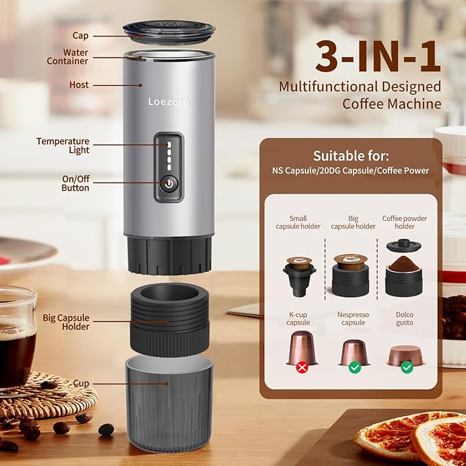 Leozora Portable Espresso Maker, 20Bar Professional Pressure, Stainless Steel Body, 7500mAh USB-C Rechargeable, 3-in-1 for Ground Coffee & Nespresso/DG Capsules, Ideal for Camping, Car, Office,Silvery