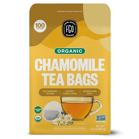 FGO Organic Chamomile Tea, 100 Eco-Conscious Tea Bags, Caffeine Free, Resealable Bag, Packaging May Vary (Pack of 1)