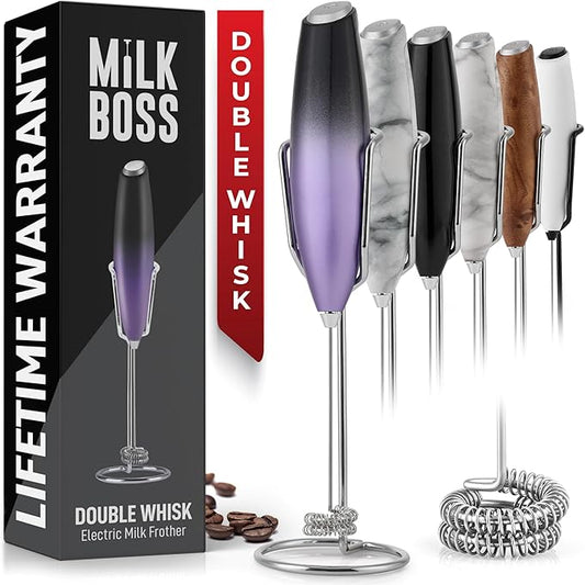 Milk Boss Double Whisk Milk Frother for Coffee With Upgraded Holster Stand - Coffee Frother Handheld - Electric Handheld Foam Maker - Hand Mixer for Latte, Matcha - Electric Whisk (Galaxy)