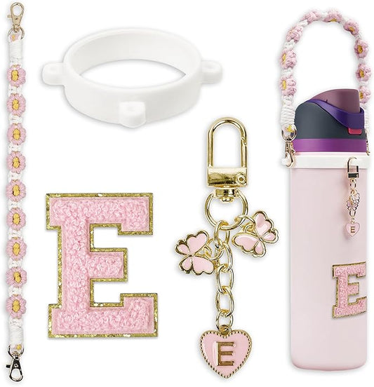 Compatible with Owala Water Bottle Accessories, Cute Letter Charm Set with Boho Handle Strap, Monogram Sticker, Silicone Ring, Keychain Decoration, for FreeSip 24 32 40oz, Owala Kids, Tumbler Gift