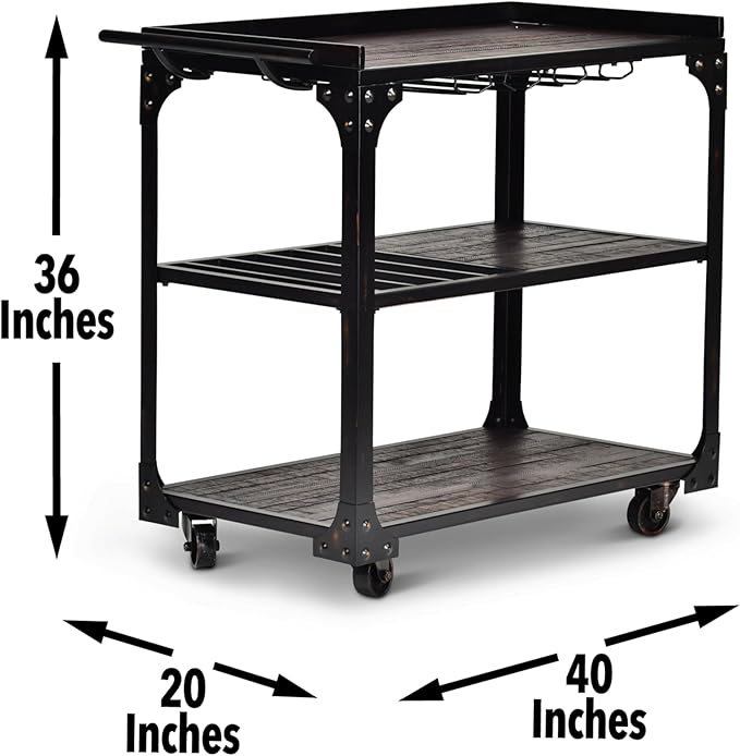 Steve Silver Furniture Sherlock Bar Cart Server, 3-Tier, Industrial Accent Design, Distressed Dark Charcoal Finish, Rustic Styling, Bottle Rack, for Kitchen, Dining Room, 20" D x 40" W x 36" H, Black