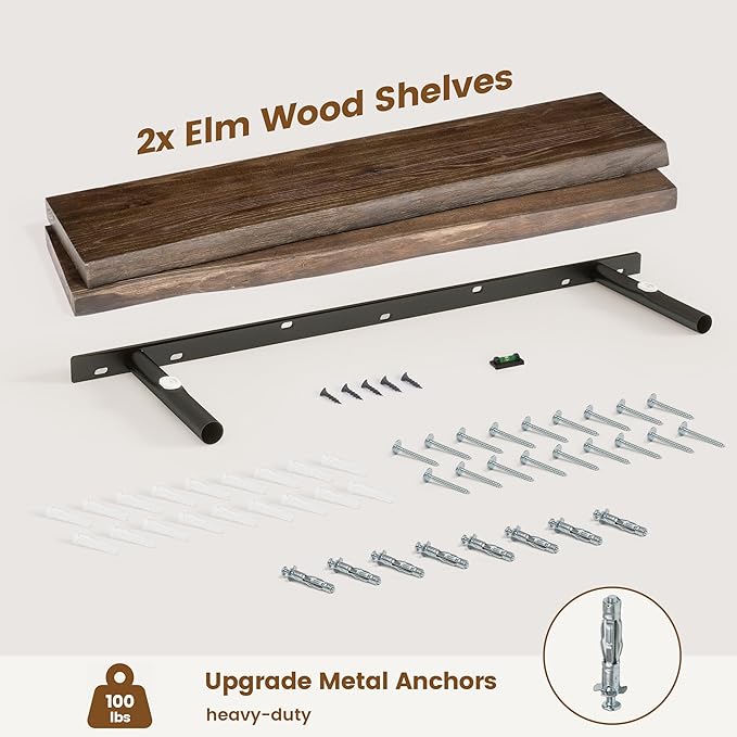 Live Edge Elm Floating Shelves for Wall Decor, Rustic Solid Wood Shevles Wall Mounted with Invisible Bracket for Living Room Bathroom Bedroom Kitchen, 36 Inch Set of 2, Walnut