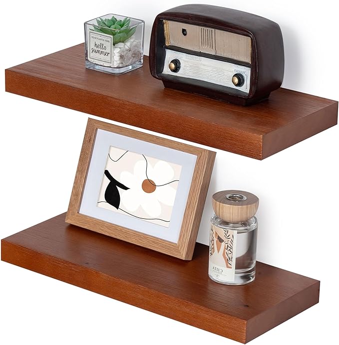 Marsmiles Wood Floating Shelves | Rustic Mahogany Wood Wall Shelves Set of 2 | 16" W x 6.7" D Wooden Floating Shelves for Bathroom Kitchen Living Room Bedroom
