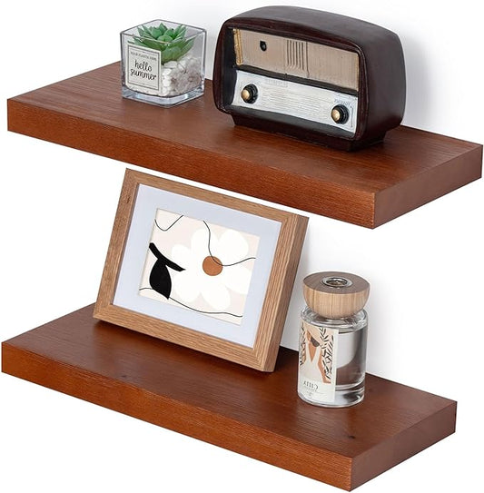 Marsmiles Wood Floating Shelves | Rustic Mahogany Wood Wall Shelves Set of 2 | 16" W x 6.7" D Wooden Floating Shelves for Bathroom Kitchen Living Room Bedroom