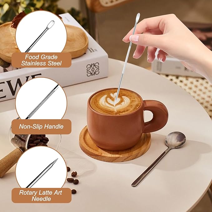 Espresso Tamper Set with Milk Pitcher, Coffee Art Pen, Stirring Spoon, Tamper Mat & 16 Stencils - Barista Tools Kit for Latte Art & Espresso Making (7 SET)