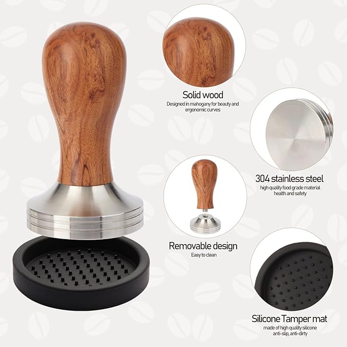 53mm Espresso Tamper Kit, Hard Wood Espresso Tamper Tool & Powder Press Pad & 8-Needles Espresso Stirrers For 53 mm Portafilter