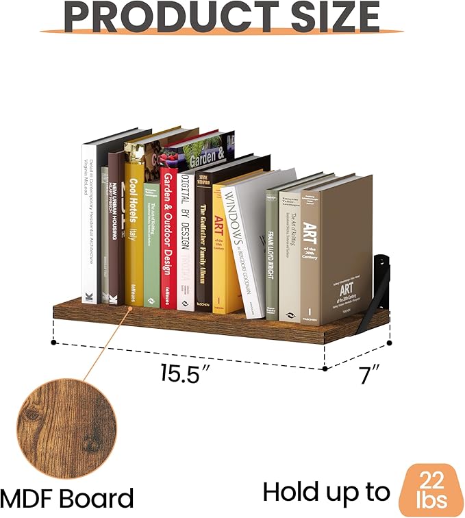 upsimples Floating Book Shelves for Wall, 15.7 Inches Wood Shelves for Living Room, Bathroom, Bedroom, Kitchen Storage and Decoration, Brown