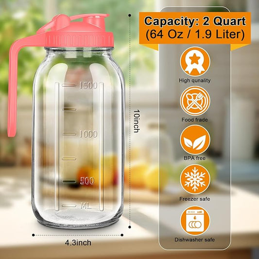 64oz Glass Pitcher with Lid, 2 Quart Mason Jar Pitchers with Lid and Spout, Wide Mouth Breast Milk Pitcher Glass Jug Sun Tea Pitchers, Cold Brew Coffee pitcher, Fridge Container for Water, Juice, Tea