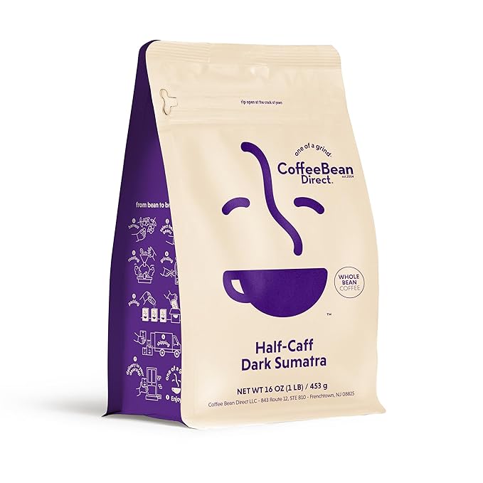 Coffee Bean Direct Half-Caff Dark Sumatra, Whole Bean Coffee, Dark Roast, 1 Pound Bag (Pack of 1)