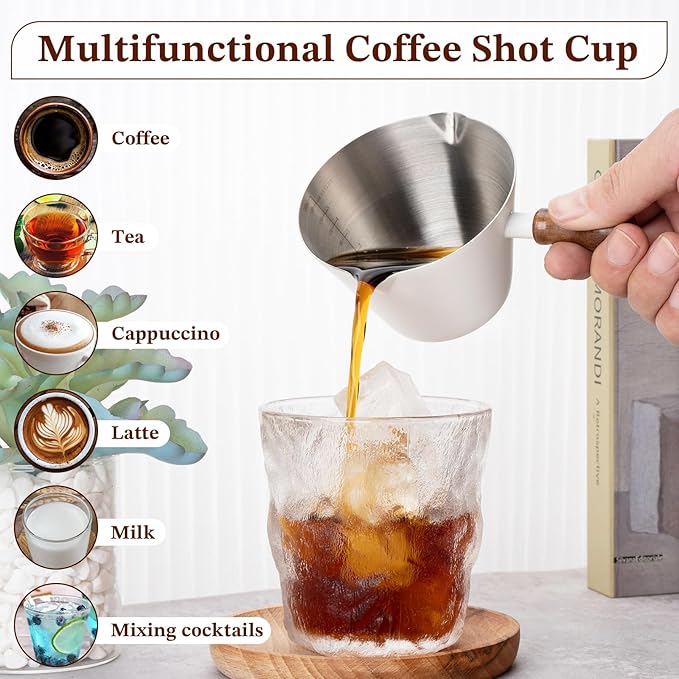 Espresso Cup, 6.8 oz/200 ml Stainless Steel Coffee Shot Measuring Cup with Wood Handle, Double V-Shaped Mouth and Clear Scale for Cappuccino Barista Coffee Bar Accessories, White