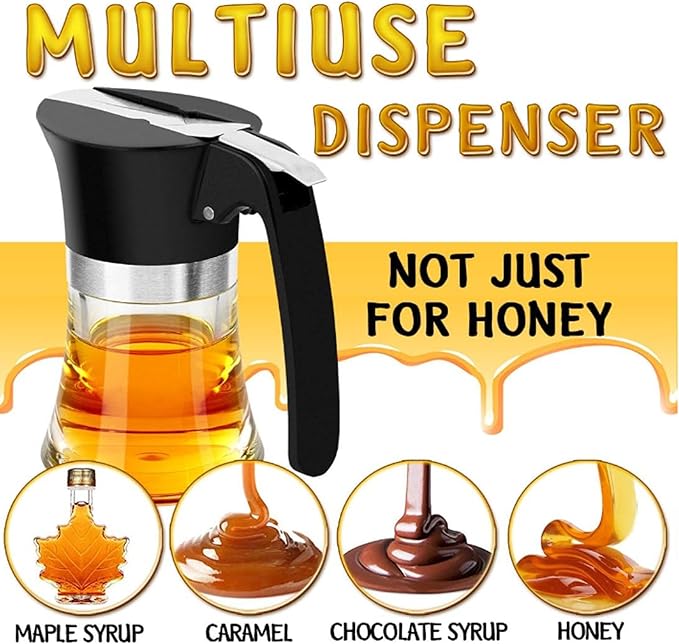 Bewinner 3.38Oz Syrup Dispenser, Honey Pot Glass Honey Dispenser Jar, Stainless Steel Maple Syrup Container Easy to Clean for Chocolate Peanut Butter Caramel