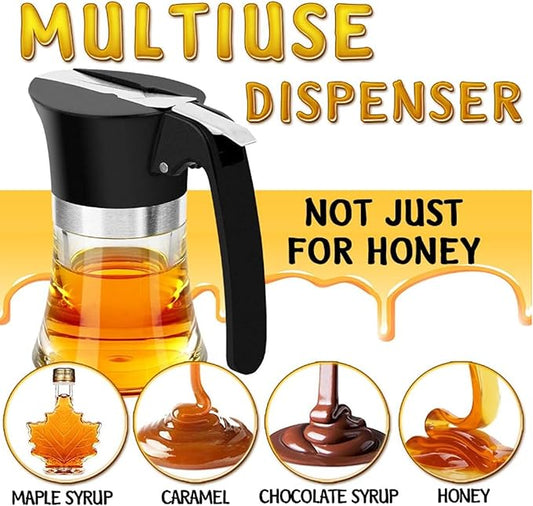 Bewinner 3.38Oz Syrup Dispenser, Honey Pot Glass Honey Dispenser Jar, Stainless Steel Maple Syrup Container Easy to Clean for Chocolate Peanut Butter Caramel