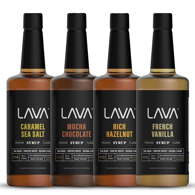 4-Pack Variety LAVA Premium Natural Coffee Syrups: Salted Caramel, Mocha Chocolate, French Vanilla, Rich Hazelnut, No Artificial Sweeteners, Flavors, or Colors. (4)33.8oz (1-liter) Bottles