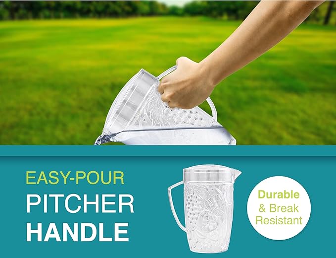 Arrow Home Products Clear Plastic Beverage Pitcher with Lid, 76 Ounce - Thick-Walled Fruit Design, Made in The USA - Fill with Ice Water, Iced Tea or Juice - BPA Free, Dishwasher Safe