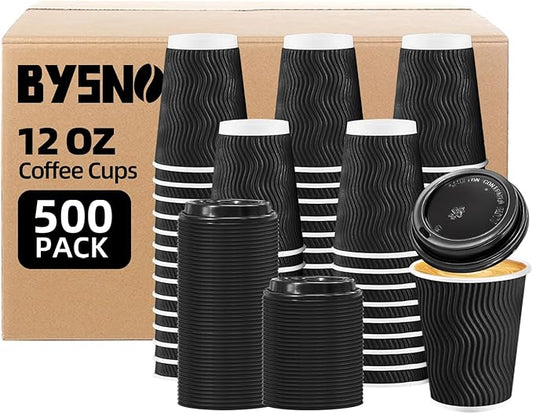 BYSNOW 500 Pack 12 oz Coffee Cups with Lids, Disposable Insulated Hot Cups To Go Paper Coffee Cups, Corrugated Ripple Wall Cup for Hot Drink, Office, Coffee Bar (Black 12 oz)