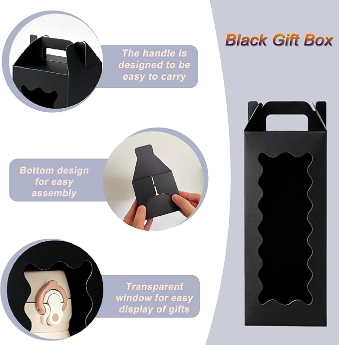 25Pcs Tumbler Gift boxes for glass cup with Handle for 16oz 18oz 20oz Sublimation Glass, Cup boxes for packaging 16oz,water bottle gift boxes,Tumbler Packaging Boxes with window for gifts（Black）