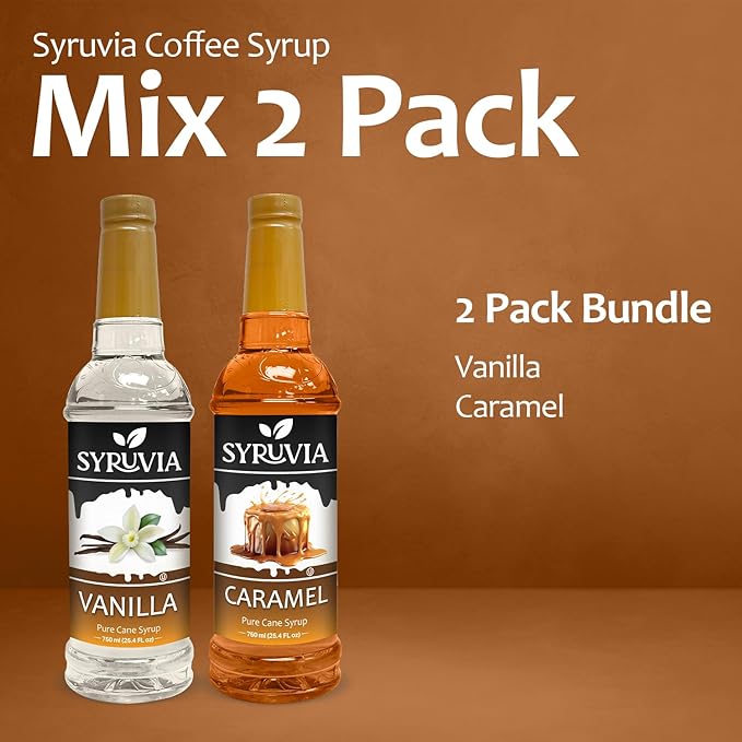 Syruvia Coffee Syrup Variety Pack - Vanilla & Caramel- Gluten-Free, Kosher, 25.4 fl oz Bottles - Enhance Your Coffee Experience with Premium Flavoring Syrups