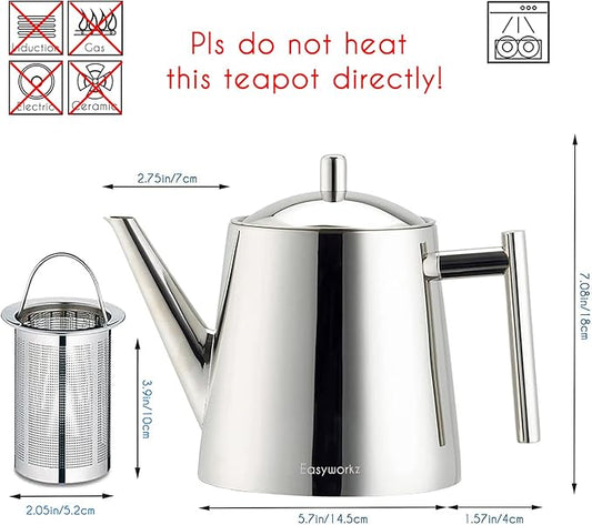 Easyworkz Stainless Steel Double Wall 34 oz Tea Pot with Removable Tea Infuser, Perfect for Brewing Your Favorite Tea, Chrome