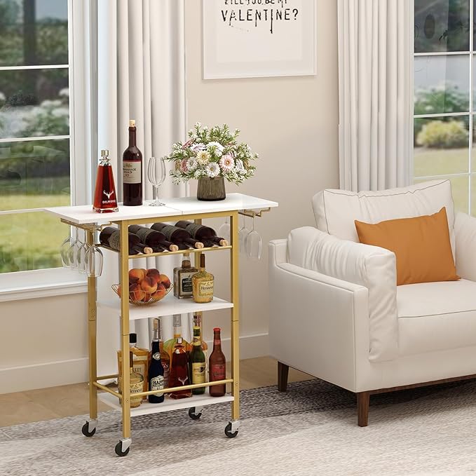 LAATOOREE Bar Cart, Home Bar Serving Cart, 4 Tier Mobile Drink Beverage Cart, Rolling Kitchen Shelf with Wine and Glass Holder, for Dinning Room, Living Room, Kitchen