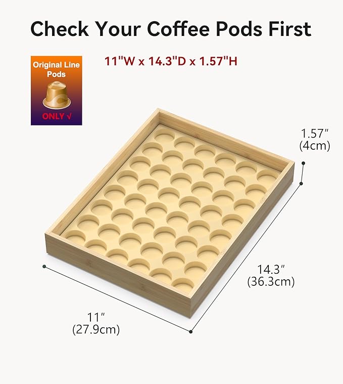 for Nespresso Original Capsules - Bamboo Coffee Pod Storgae for Counter Drawer Insert - 48 Capsules Organizer (14.3” x 11” x 1.57”)