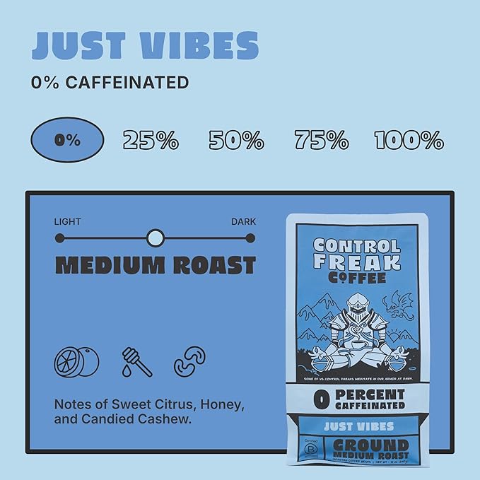 Control Freak Decaf Coffee Just Vibes, 0% Caffeine Ground Coffee (12 Oz) – Fresh Sugarcane Processed Coffee Beans, Chemical-Free Decaffeination, Calm Energy, Full Flavor, No Buzz