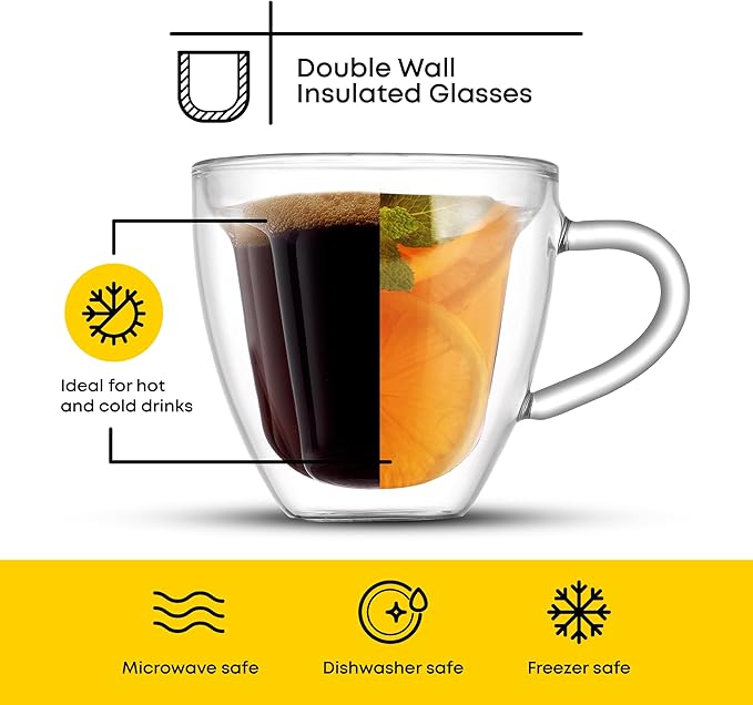 JoyJolt Disney Minnie Mouse 3D Double Wall Espresso Glasses, 5.4oz Small Glass Mugs with Handles, Coffee Cups Set of 2, Insulated Clear Glasses for Double Shot Espresso Cappuccino Tea, Disney Gifts