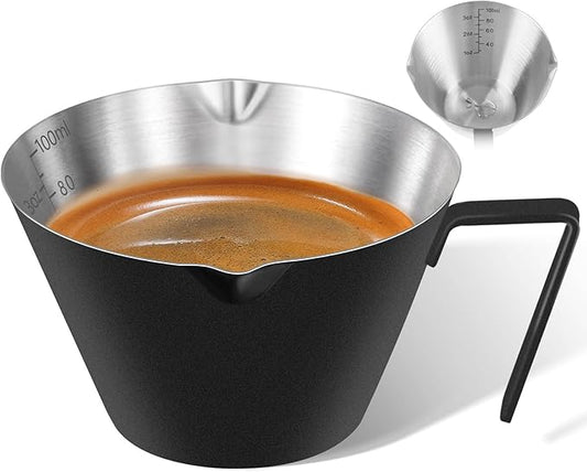 carrottimes 1Pc Stainless Steel Espresso Cups, Double Spout Metal Measuring Cup with Dual Scale, Espresso Shots Cup with Handle, Coffee Bean Weighing (Black), 3.4oz/100ml