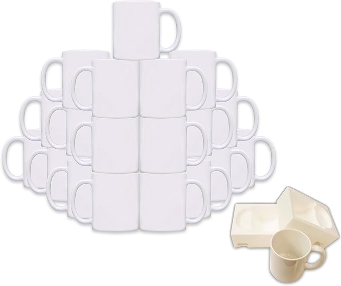 owndis Mug 36-Piece Double Sublimation Coated Ceramic Mugs, 11 Oz, Blank All White and Black with Black Handle-Case of 36-White