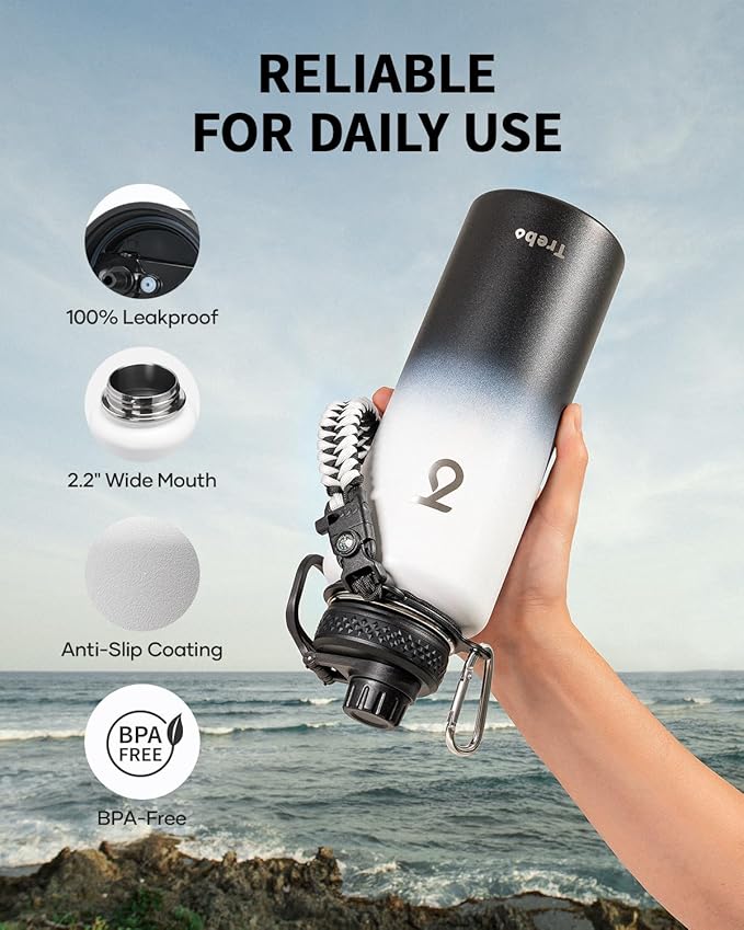 Trebo Water Bottle 40oz with Paracord Handle, Half Gallon Large Vacuum Double Wall Stainless Steel Insulated Water Jug with Holder Strap Straw Spout Lids, Leakproof Keep Cold & Hot,Black and white