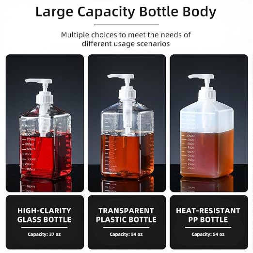Large Capacity Syrup Dispenser for Coffee Bar High Temperature Resistant, 54oz 1600ml PET Syrup Bottle w Measuring Cup and Funnel, Dispenser Bottle w Upgraded Pump