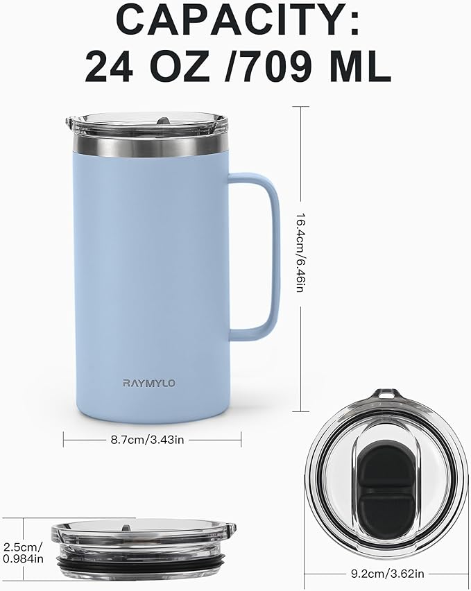 Insulated Coffee Mug 24 oz, Double Wall Stainless Steel Coffee Mug with Lids, Leak-Proof & Detachable Slider Lid for Thorough Clean, Keeps Coffee Cold for 9 Hrs, Suitable for Camp Home Office