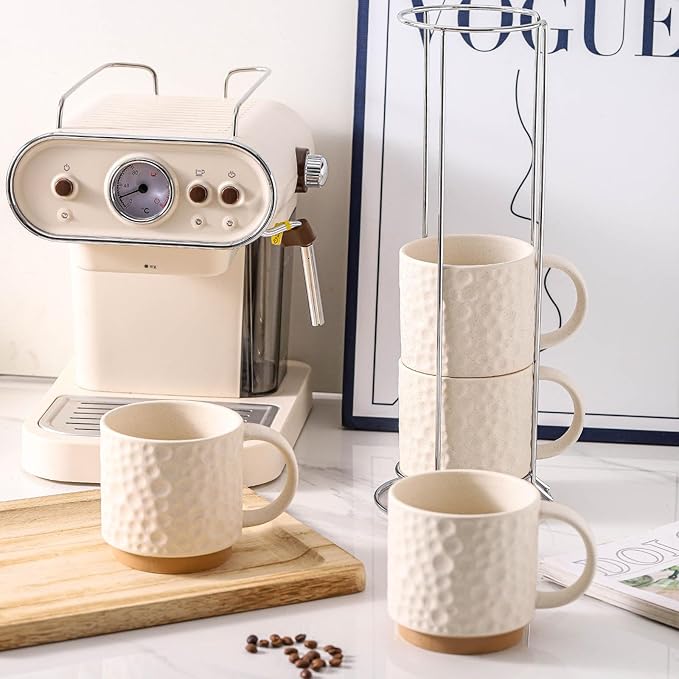 Nihow Ceramic Coffee Mug Set of 4, 16OZ Stackable Coffee Mug Set with Stainless Stand,Large Cup Set for Cappuccino,Tea,Hot/Cold Drinks,Dishwasher & Microwave Safe,Matte White