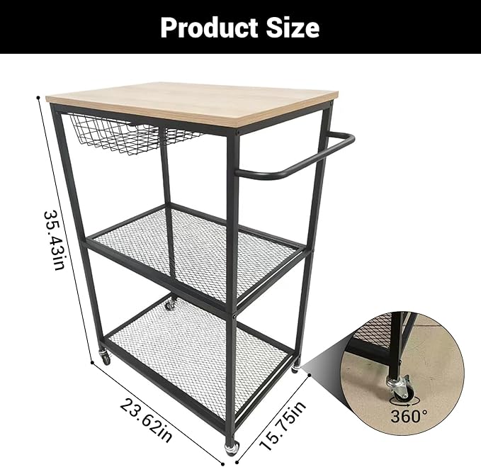 Rolling Kitchen Carts on Wheels, 3 Tier Mobile Utility Cart with Wood Tabletop Storage Cart, Metal Serving Carts with Handle and Shelf Liner for Island Restaurant Coffee Bar Living Room Office Black