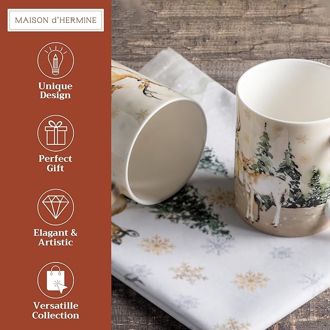 Maison d' Hermine Coffee Mug with Handles Fine Bone China Mugs Pack of Two Tea Cups for Hot Beverages Cappuccino Latte Home Restaurant Office Perfect for Gift (Deer In The Woods, 15 Ounce)