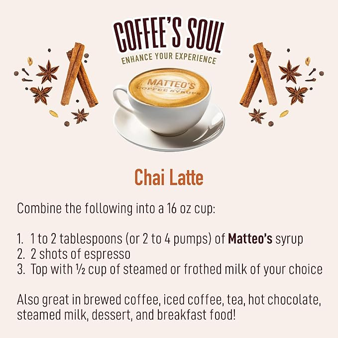 Matteo's Chai Syrup for Coffee, Lattes, Cappuccinos & Desserts – Sugar-Free Sweetener for Beverages, Keto Friendly, Zero Calories, Indulgent Flavor, Non-Alcoholic, Ideal for Hot Drinks 33.8oz (1pk)
