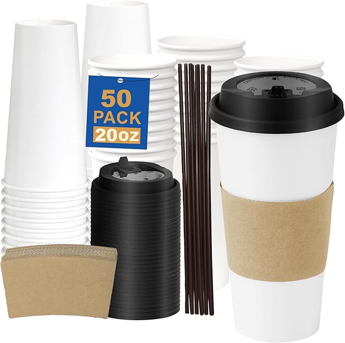 Coolcap 20 oz 50 Pack Coffee Cups with Lids and Sleeves, Straws, Hot Disposable To Go Travel Paper Cups Bulk for Office, Home Coffee Bar Accessories, Chocolate, Cocoa, Beverage (White)