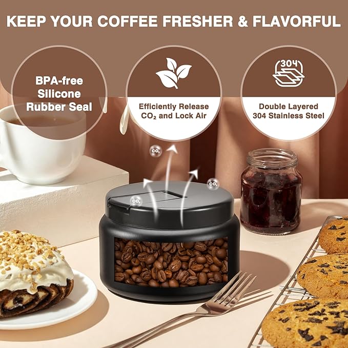 Coffee Canister, Premium Stainless Insulated Vacuum Steel Coffee Bean Storage Container Travel Jar, Kitchen Food Airtight Coffee Grounds Container for Tea, Sugar, Flour (13.5oz-Black New)