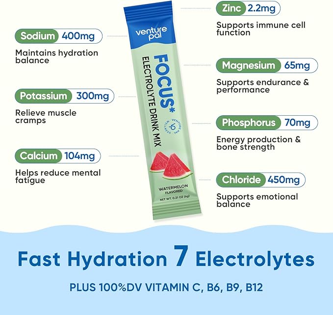 Venture Pal 2-in-1 Hydration Packets + Focus Support Electrolytes Powder, 7 Electrolytes + Vitamins, Magnesium, Lion's Mane & L-Theanine | Sugar Free Liquid Daily IV Drink Mix, Vegan, Keto, 16 Sticks