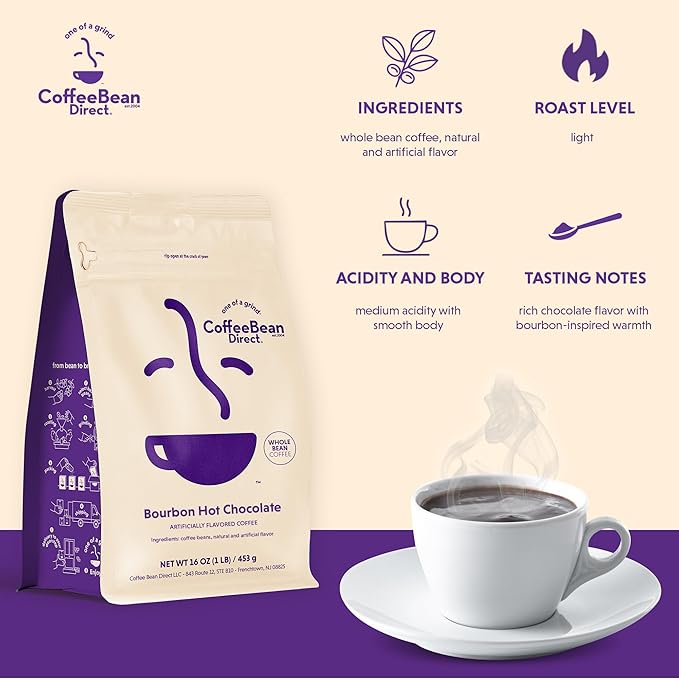 Coffee Bean Direct Bourbon Hot Chocolate Flavored, Whole Bean Coffee, 1 Pound Bag (Pack of 1)